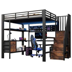 OKWISH PATROVÁ postel 140/200 cm černá z MDF a kovu s deskou, úložným prostorem, LED světlem a zásuvkou obraz
