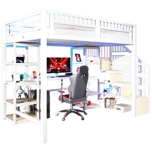 OKWISH VYSOKÁ postel 140/200 cm bílá s psacím stolem LED osvětlením a USB z kovu a MDF obraz