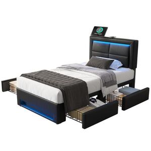 OKWISH ČALOUNĚNÁ postel 90/190 cm černá z PU s LED osvětlením USB nabíjením a 4 zásuvkami obraz