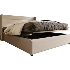 OKWISH ČALOUNĚNÁ postel 140/200 cm béžová ze lnu s matrací a hydraulickým úložným prostorem obraz