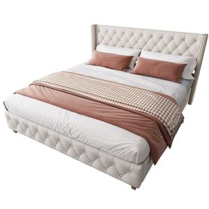 OKWISH ČALOUNĚNÁ postel 160/200 cm béžová z lnu s roštem a prošívaným čelem s nýty obraz