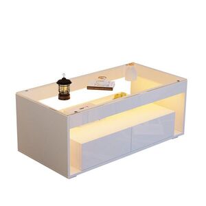 OKWISH KONFERENČNÍ stolek 100/50/40 cm bílý z dřevotřísky a tvrzeného skla s LED a 2 zásuvkami obraz