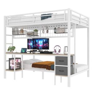 OKWISH VYVÝŠENÁ postel 204/145/180 cm bílá s psacím stolem a LED osvětlením z kovu a MDF obraz