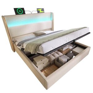 OKWISH ČALOUNĚNÁ postel 140/200 cm béžová z lnu s LED osvětlením USB/Type-C a úložným prostorem obraz