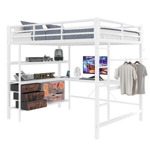 OKWISH VYSOKÁ postel 140/200 cm bílá s LED osvětlením a psacím stolem z kovu a MDF obraz