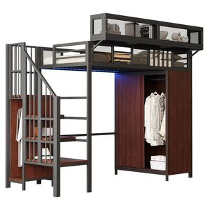 OKWISH VYSOKÁ postel 254, 5/94, 5/189, 5 cm černá s šatní skříní LED osvětlením a úložným žebříkem z kovu a dřeva obraz