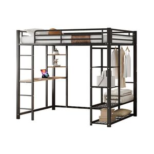 OKWISH VYSOKÁ postel 204/145/180 cm černá s psacím stolem a úložným prostorem z kovu a MDF obraz