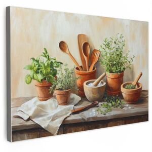 MuchoWow OBRAZ NA PLÁTNĚ Hrnce - Bylinky - Dřevo 60x40 cm obraz