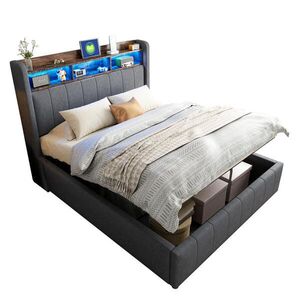 OKWISH ČALOUNĚNÁ postel 140/200 cm šedá z lněné tkaniny s LED osvětlením a úložným prostorem obraz