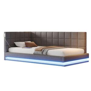 OKWISH ČALOUNĚNÁ postel 90/200 cm šedá z lnu s LED osvětlením, USB a roštem obraz