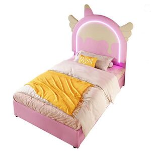 OKWISH ČALOUNĚNÁ postel 90/200 cm růžová z PU s LED osvětlením, 2 zásuvkami a tvarem jednorožce obraz