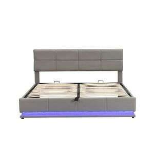 OKWISH ČALOUNĚNÁ postel 180/200 cm cementově šedá z PU kůže s LED osvětlením a úložným prostorem obraz