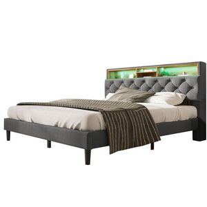 OKWISH ČALOUNĚNÁ postel 140/200 cm šedá z masivního dřeva s LED osvětlením a úložným čelem obraz