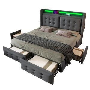 OKWISH ČALOUNĚNÁ postel 140/200 cm šedá z bavlněného lnu s LED, USB-C a 4 zásuvkami obraz
