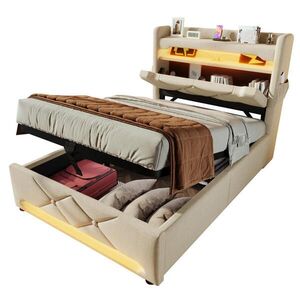 OKWISH ČALOUNĚNÁ postel 90/200 cm béžová z lněné tkaniny s LED osvětlením a úložným prostorem obraz