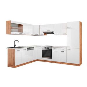 Vicco ROHOVÁ KUCHYŇ R-Line, Bílá vysoký lesk/Zlatý mocný dub, 287 x 227 cm, PD Mramor obraz