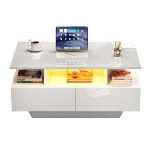 OKWISH KONFERENČNÍ stolek 90/55/41 cm bílý z dřevotřísky s LED osvětlením a 2 zásuvkami obraz