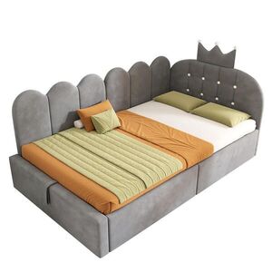 OKWISH POSTEL s úložným prostorem 90/200 cm šedá z sametu s korunkovým čelem a bočním L tvarem obraz