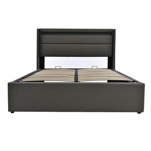 OKWISH ČALOUNĚNÁ postel 140/200 cm šedá z PU s LED osvětlením a úložným prostorem s matrací obraz