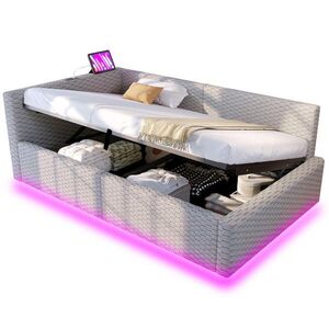 OKWISH ČALOUNĚNÁ postel 90/200 cm šedá ze sametu s LED osvětlením a úložným prostorem obraz