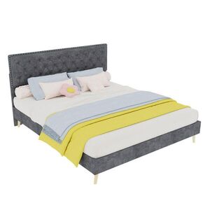 OKWISH ČALOUNĚNÁ postel 160/200 cm šedá z látky a kovu s vysokým čelem a úložným prostorem obraz
