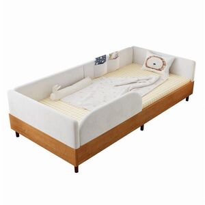 OKWISH ČALOUNĚNÁ postel 90x200 cm bílá z sametu a dřeva se 2 kapsami a ochranným rámem obraz