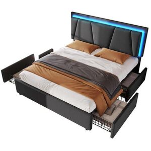 OKWISH ČALOUNĚNÁ postel 160/200 cm šedá z dřeva s LED osvětlením, nastavitelným čelem a 4 zásuvkami obraz