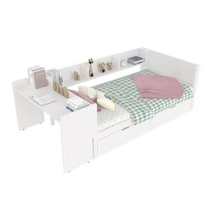 OKWISH JEDNOLŮŽKOVÁ postel 90/200 cm bílá/růžová z borovice s psacím stolem a 2 zásuvkami obraz