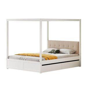 OKWISH POSTEL s nebesy 140/200 cm bílá z dřeva s čalouněným čelem a 2 zásuvkami obraz