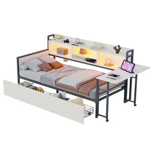OKWISH JEDNOLŮŽKO 90/200 cm bílé z kovu s LED osvětlením úložným prostorem a výklopným stolem obraz