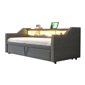 OKWISH ROZKLÁDACÍ pohovka 90/180 x 190 cm tmavě šedá z lněné tkaniny s LED a USB obraz