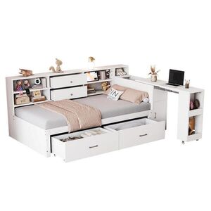 OKWISH MULTIFUNKČNÍ postel 90/200 cm bílá z borovicového dřeva s úložným prostorem a výsuvným stolem obraz