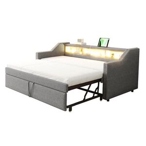 OKWISH ČALOUNĚNÉ rozkládací pohovkové lůžko 90/180 x 190 cm světle šedá z plátna s USB, LED a úložnými přihrádkami obraz