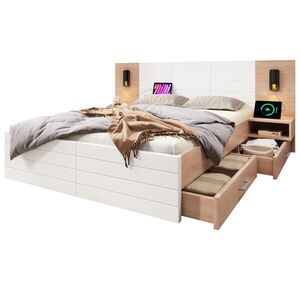 Redom POSTEL 160/200 cm s USB, čtecí lampičkou, 2 zásuvkami a 2 nočními stolky, masivní dřevo/MDF, Bílá/světlý dub obraz