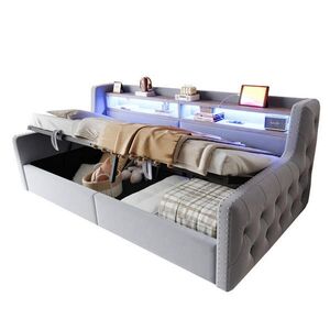 Redom ČALOUNĚNÁ postel 90 x 200 cm s LED osvětlením, úložným prostorem, zásuvkou a USB-C portem, Světle šedá obraz