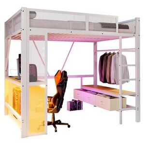 Redom VYSOKÁ postel 140/200 cm s USB, LED osvětlením, psacím stolem, otevřenou skříní a 3 zásuvkami, Bílá obraz
