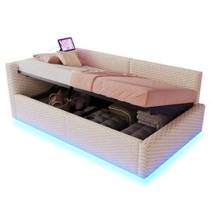 Redom ČALOUNĚNÁ postel 90/200 cm s LED osvětlením, USB a USB-C porty, hydraulickým úložným prostorem a sametovým potahem, Béžová obraz
