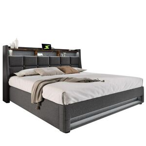 Redom ČALOUNĚNÁ postel 180x200 cm s LED osvětlením, USB portem a úložným prostorem, Šedá/Světle béžová obraz