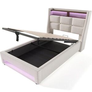Redom ČALOUNĚNÁ postel 90/200 cm z lněného materiálu s LED osvětlením, USB portem a úložným prostorem, světle béžová obraz