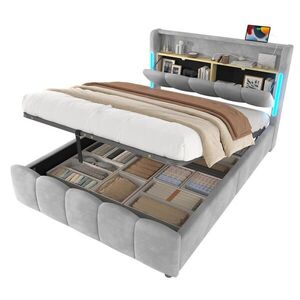 Redom ČALOUNĚNÁ postel 140/200 cm se sametovým čalouněním, LED osvětlením, úložným prostorem a USB/Type-C porty, Šedá obraz