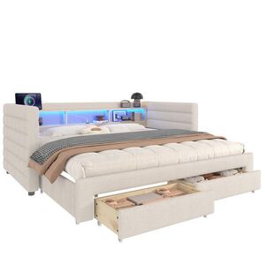 Redom ČALOUNĚNÁ postel 90/190 cm se sametovým čalouněním, LED osvětlením, výsuvným lůžkem, USB a USB-C porty a úložným prostorem, Béžová obraz