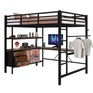 Redom VYSOKÁ postel 140/200 cm s LED osvětlením, psacím stolem, zásuvkou a USB, úložným prostorem a zábradlím, Černá obraz