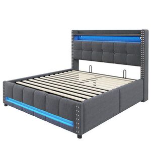 Redom ČALOUNĚNÁ postel 140/200 cm s LED osvětlením, USB portem, policemi v čele a hydraulickým úložným prostorem, Šedá obraz