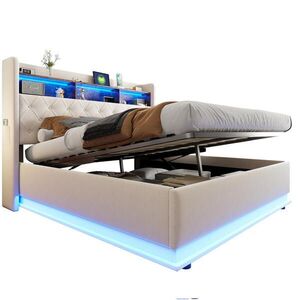 Redom ČALOUNĚNÁ postel 180/200 cm s LED osvětlením, USB portem a hydraulickým úložným prostorem, Béžová obraz