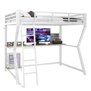 Redom VYSOKÁ postel 90/200 cm z kovu a MDF s LED osvětlením, psacím stolem, zásuvkou USB a schodištěm, Bílá obraz