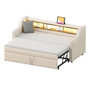 Redom POSTEL 90/180x190 cm s výsuvným lůžkem, LED osvětlením, USB a úložnými kapsami, Béžová obraz