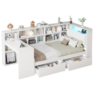 Redom POSTEL 90/200 cm s LED osvětlením, USB portem, psacím stolem, knihovnou a úložným prostorem, bílá obraz
