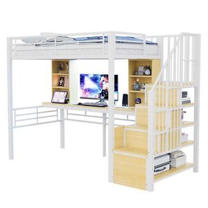Redom VYSOKÁ postel 90/200 cm s psacím stolem, LED osvětlením, úložným schodištěm a zásuvkou, Bílá obraz