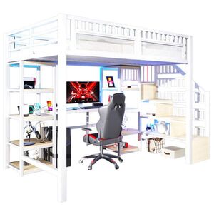 Redom VYSOKÁ postel 140/200 cm s LED osvětlením, USB porty, psacím stolem a úložným prostorem, Bílá obraz