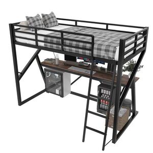Redom VYSOKÁ postel 90/200 cm s LED osvětlením, zábradlím, schodištěm a psacím stolem, bez matrace, Černá obraz